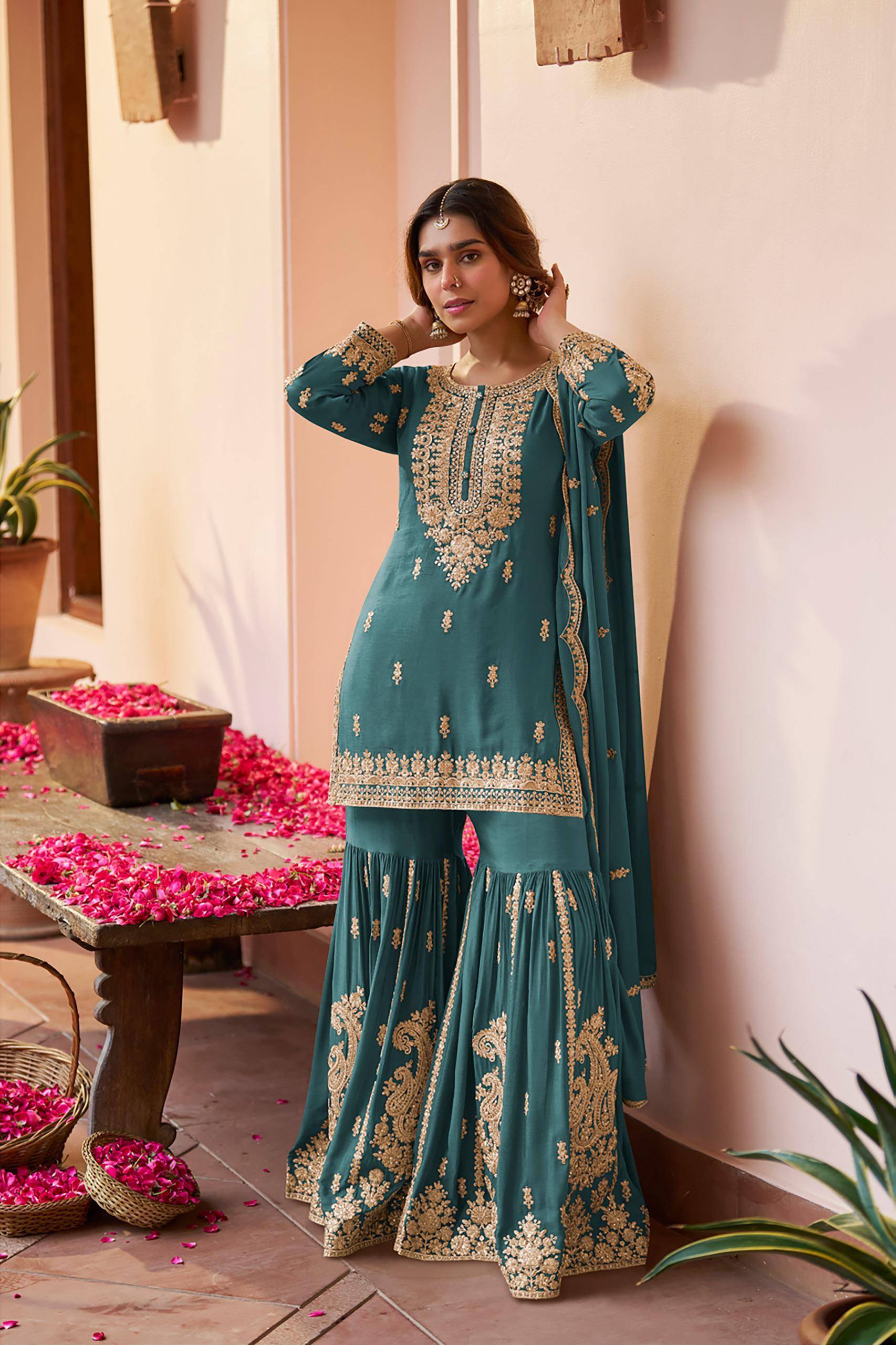 PURVA 7656 COLORS  By Gulkayra Designer 7656A to 7656C series Indian Traditional Wear Collection Real Chinon Sharara suits At Wholesale Price